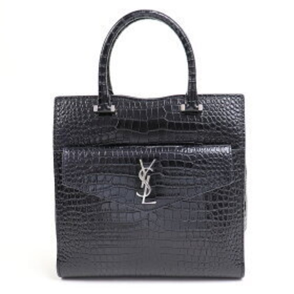 Yves Saint Laurent Uptown Crocodile Embossed Shiny YSL Metal Logo Monogram Cabas - Picture 2 of 2